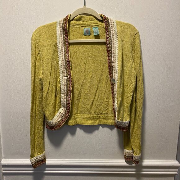 Anthropologie HWR Silk Linen Blend Boho Y2K Cropped Cardigan Sweater Jacket L - Picture 1 of 8